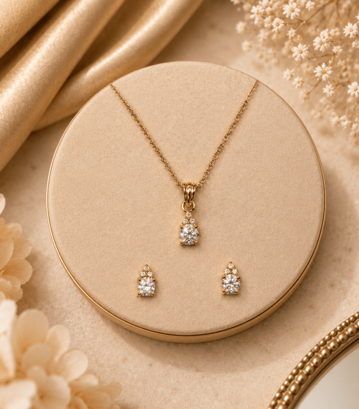 Gold Crystal Cluster Teardrop Pendant Set