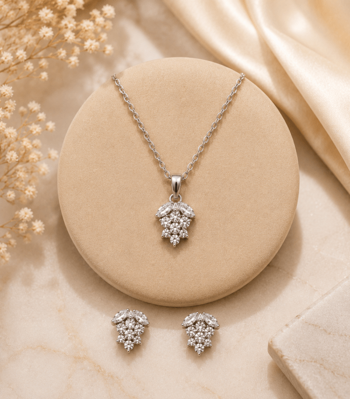 Silver Crystal Cluster Leaf Pendant Set
