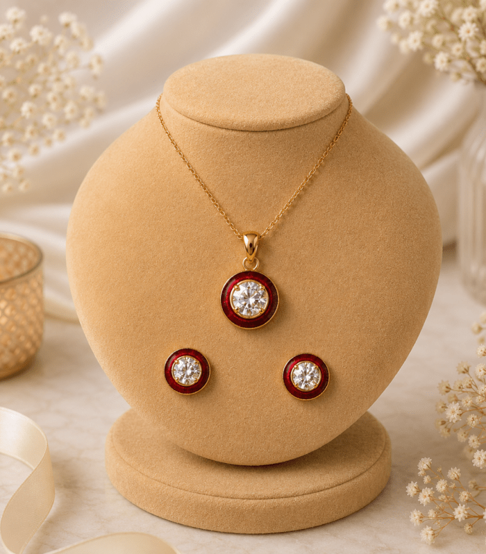 SliverRed Enamel Crystal Halo Pendant Set