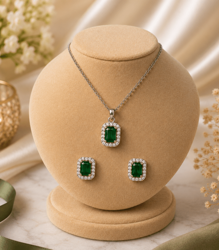 Emerald Green Rectangle Halo Pendant Set
