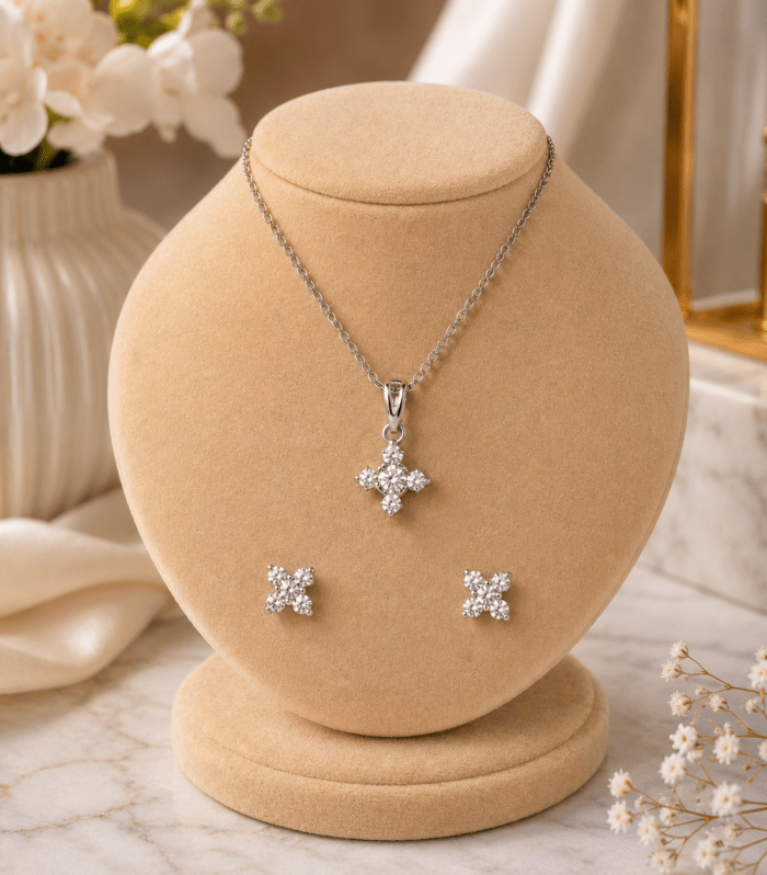 Silver Crystal Cross Clover Pendant Set