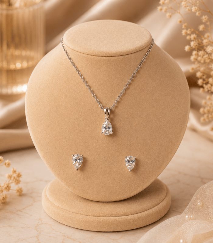 Silver Pear Cut Solitaire Pendant Set