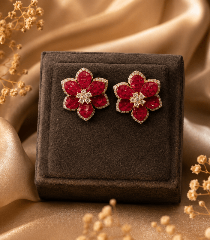 Ruby Red Flower Crystal Stud Earrings