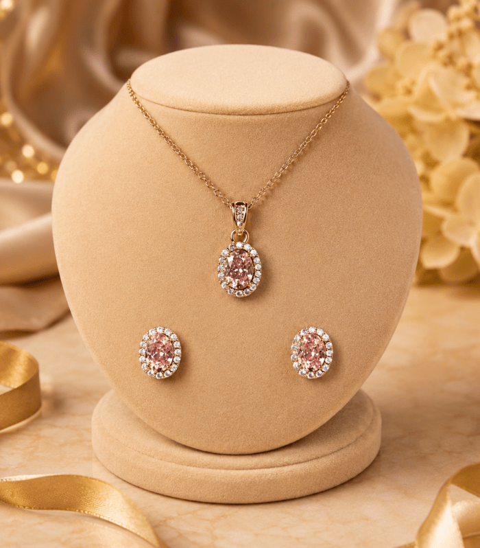 Blush Pink Oval Halo Pendant Set