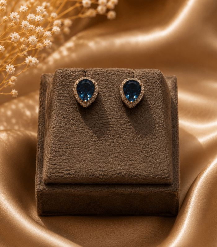 Sapphire Blue Pear Halo Stud Earrings