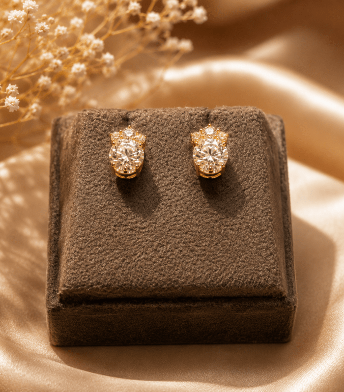 Gold Crown Top Crystal Stud Earrings