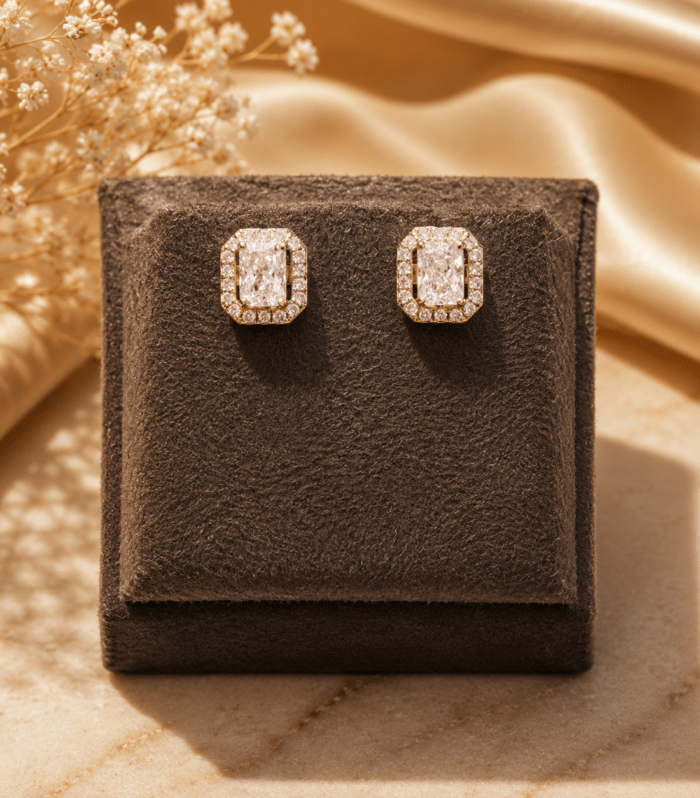 Gold Emerald Cut Halo Stud Earrings