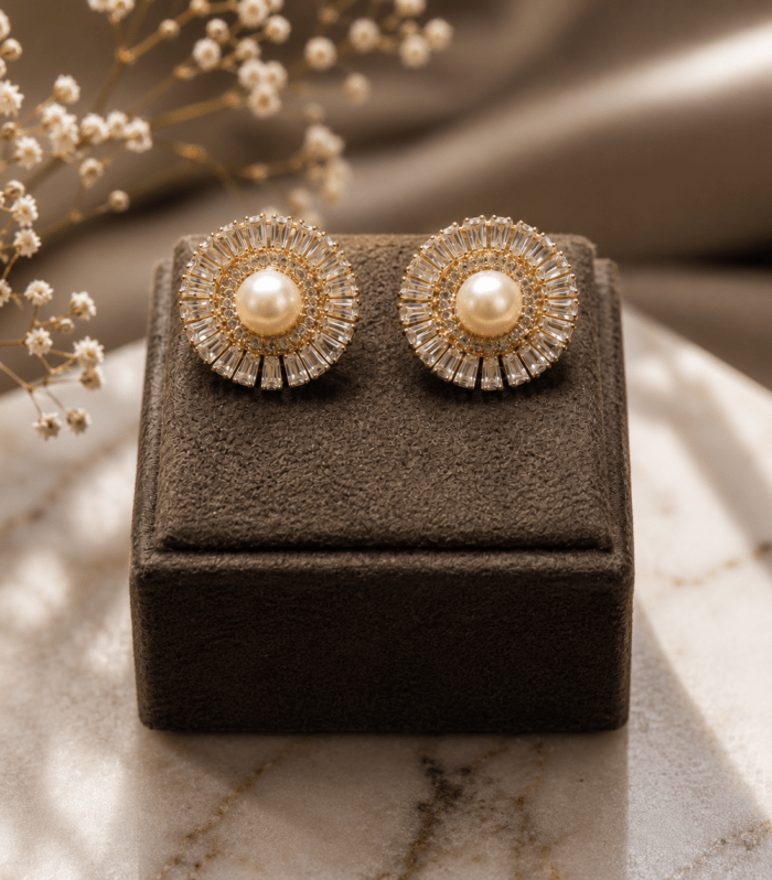 Pearl Baguette Sunburst Stud Earrings
