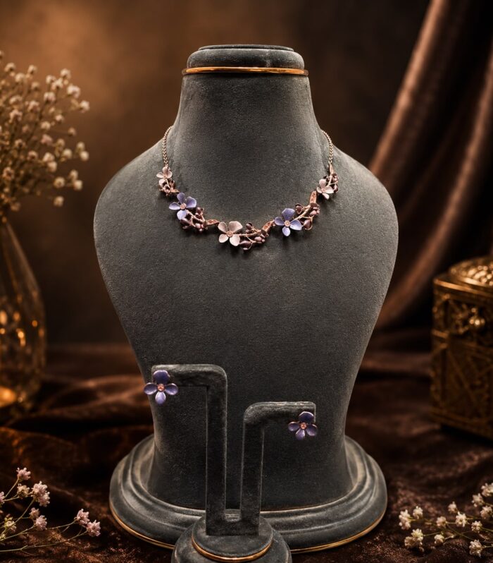 92.5 Silver Blossom Floral Necklace & Stud Earrings Set