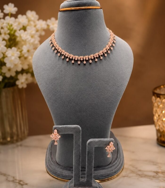 92.5 Silver Crystal Fringe Necklace & Earrings Set