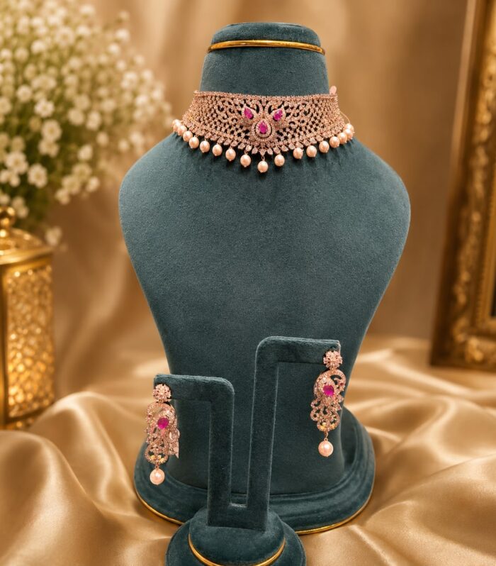 Royal 92.5 Silver Pink Stone Pearl Choker Set