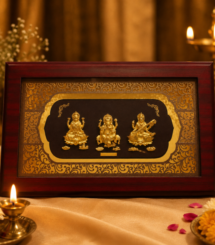 Gold Plated Lakshmi Ganesh Saraswati Wooden Frame