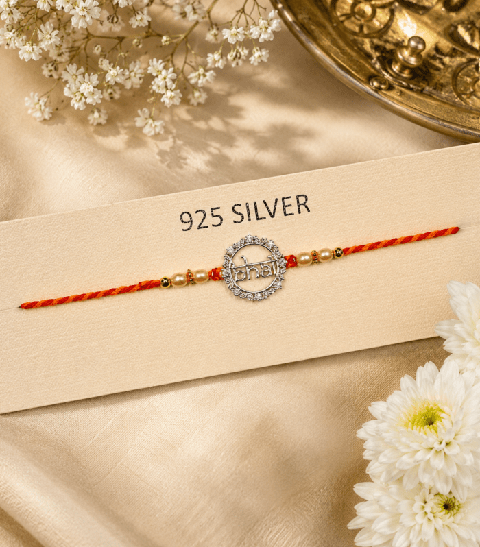 925 Silver "Bhai" Rakhi with Pearl Beads