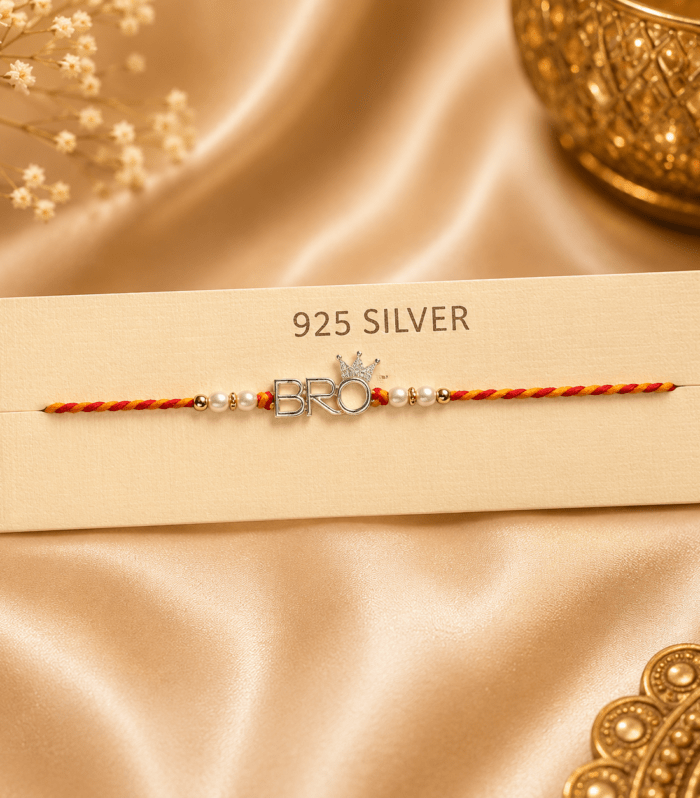 925 Silver "BRO" Crown Rakhi with Pearl Beads