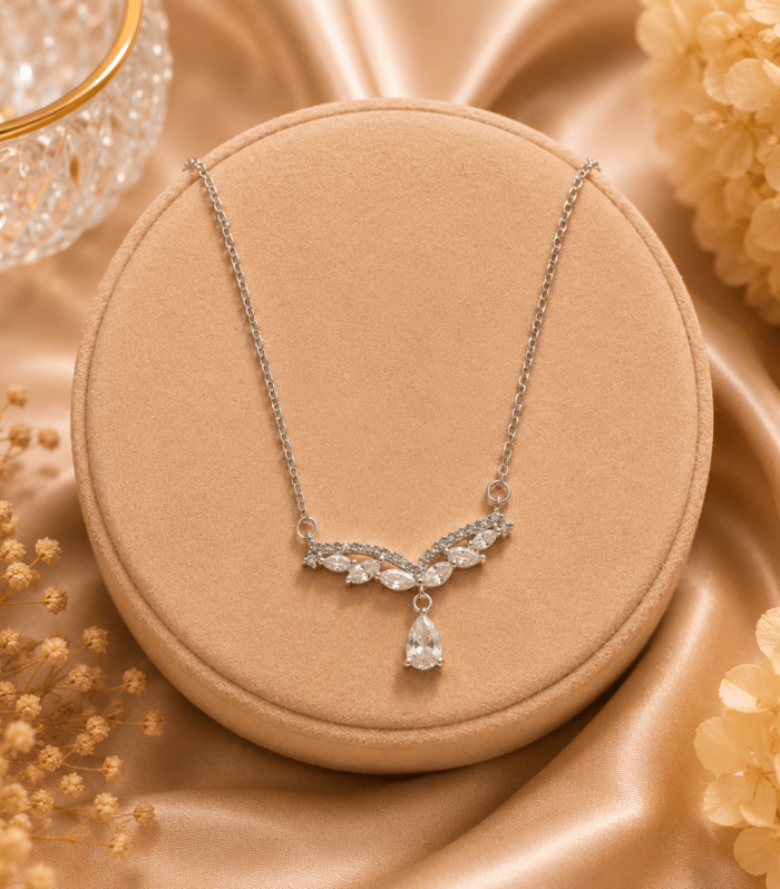 Silver Leaf Crystal Pendant Necklace