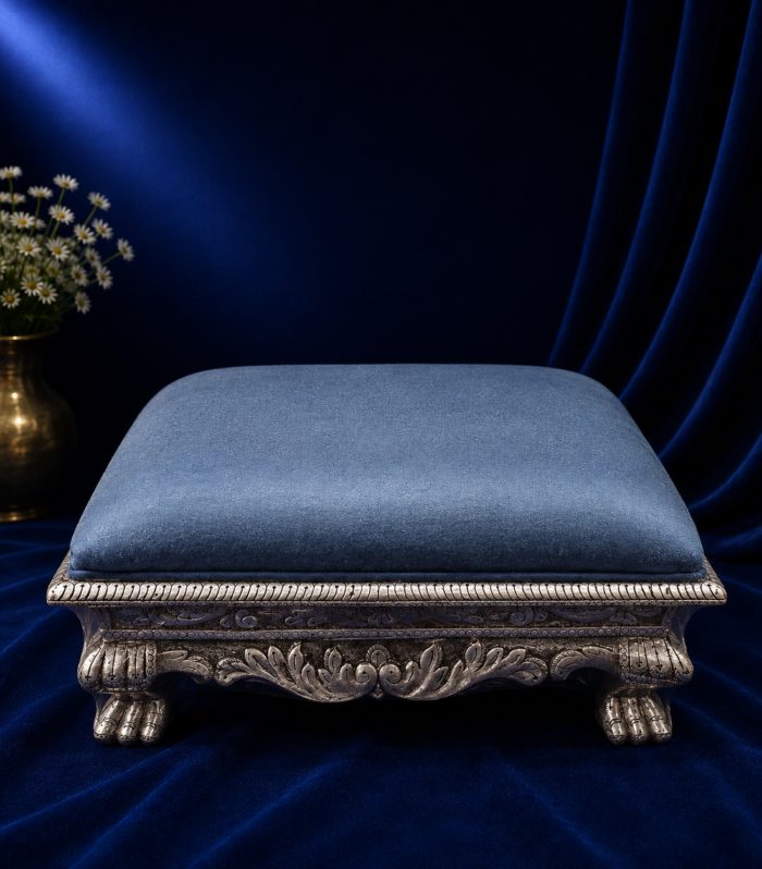 Handcrafted 999 silver sheeting royal stool with blue velvet cushion Gokulam Signature Jewels