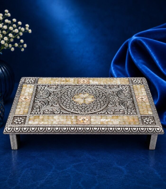Luxury 999 silver sheeting square pedestal with mother of pearl mosaic inlay Gokulam Jewels