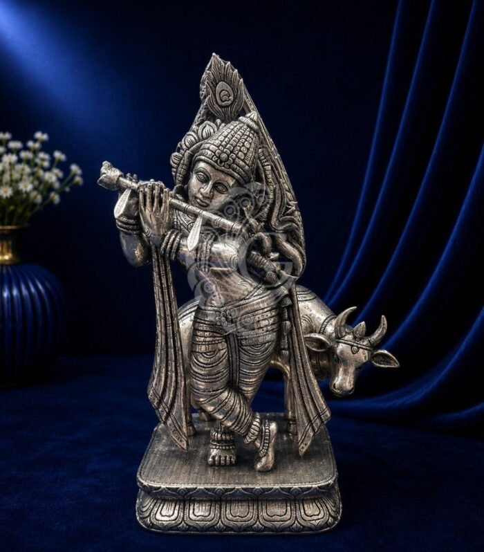 Handcrafted 999 silver sheeting Krishna playing flute with cow statue Gokulam Signature Jewels