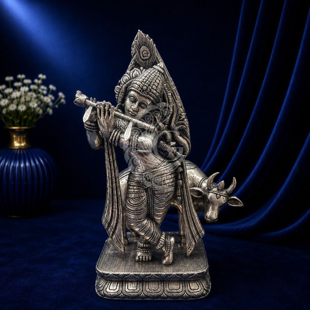 999 Silver Sheeting Krishna with Cow Statue