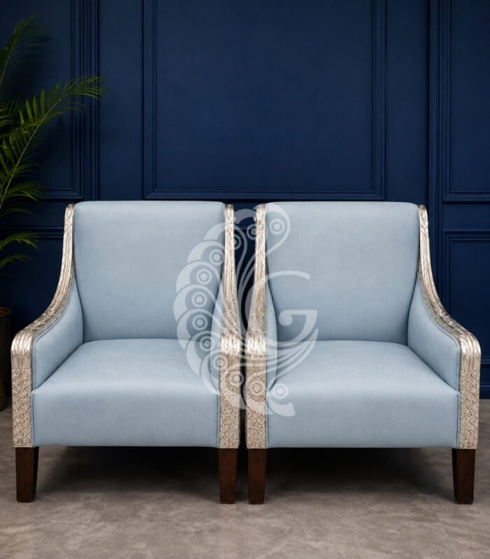 Pair of luxury sky blue armchairs with 999 silver sheeting floral engravings Gokulam Signature Jewels
