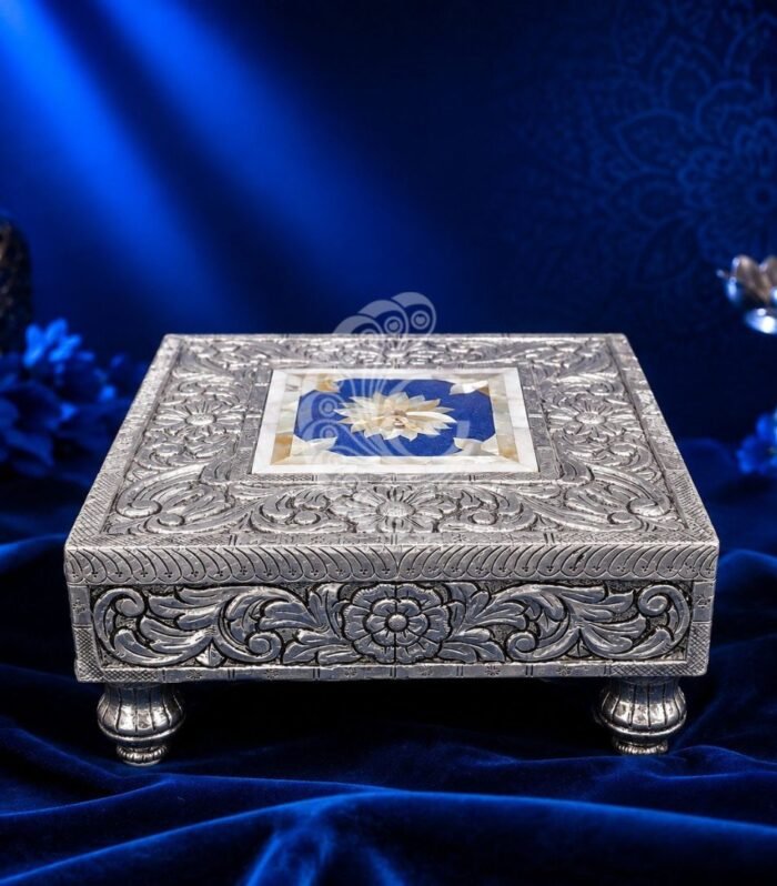 Ornate 999 silver sheeting square pedestal with blue floral inlay for pooja room Gokulam Jewels