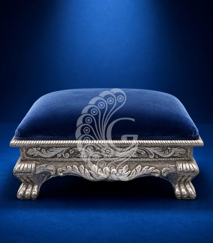 Royal 999 silver sheeting pooja peeta with blue velvet cushion and lion paw feet