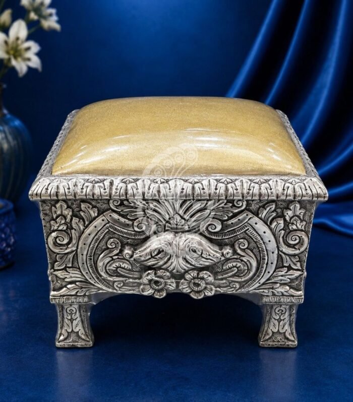 Handcrafted 999 silver sheeting royal stool with gold velvet cushion Gokulam Signature Jewels