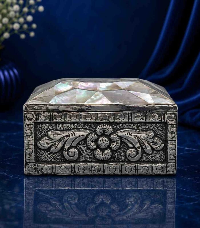 Faceted mother of pearl lid on 999 silver sheeting box Gokulam Signature Jewels