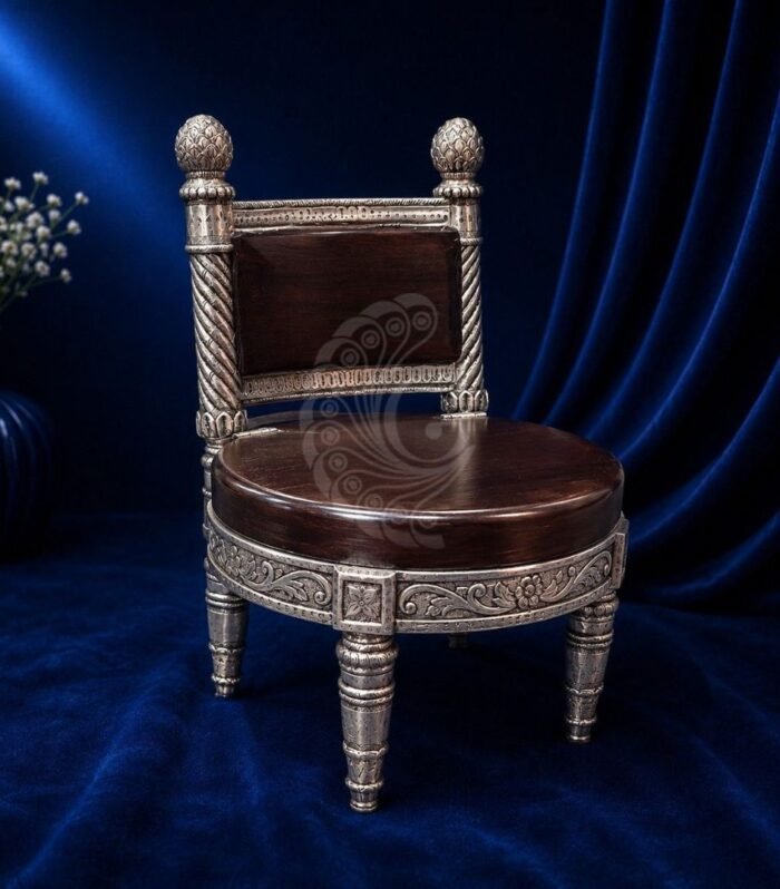 Handcrafted 999 silver sheeting miniature royal chair with dark wood for pooja Gokulam Jewels