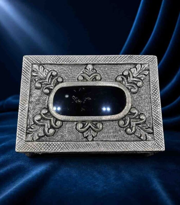Luxury 999 silver sheeting tissue box with ornate carvings and black top Gokulam Jewels