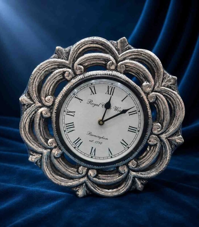 Circular scalloped 999 silver sheeting table clock with Roman numerals Gokulam Jewels