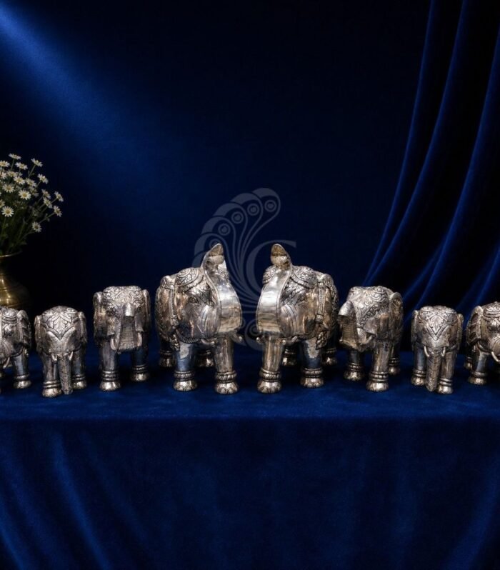 Full collection of 999 silver sheeting elephant statues in various sizes Gokulam Signature Jewels