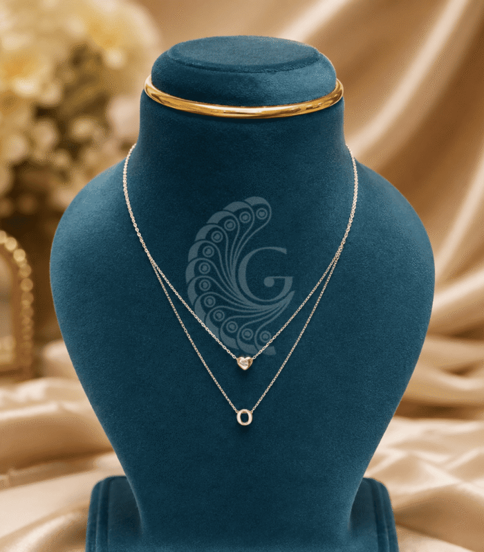 Double Layered Silver Necklace with Heart & Circle Pendants
