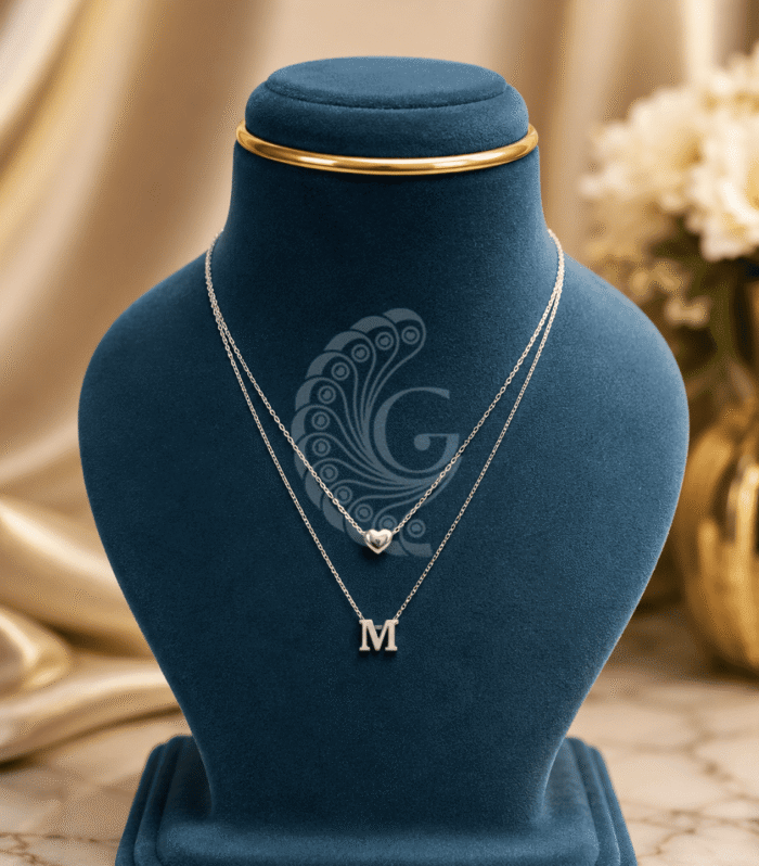 Elegant Double Layered Necklace with Heart & M Pendants